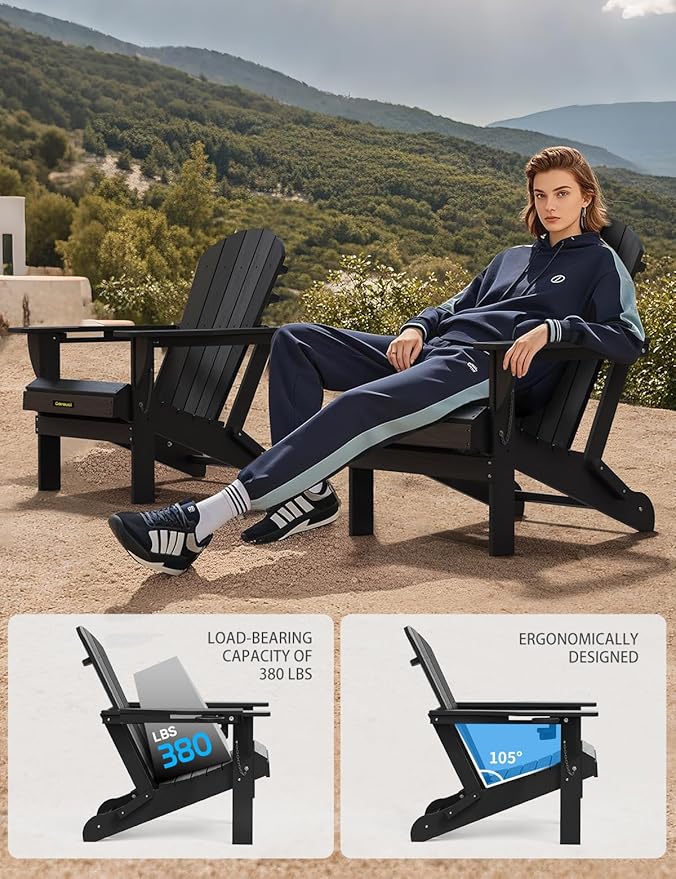 Plastic HDPE Adirondack Chair,Set of 6,Folding Adirondack Chair Weather Resistant with Cup Holder, Wooden Textured Fire Pit Outdoor Chair for Garden, Porch, Lawn, Backyard, Supports 380LBS, Black