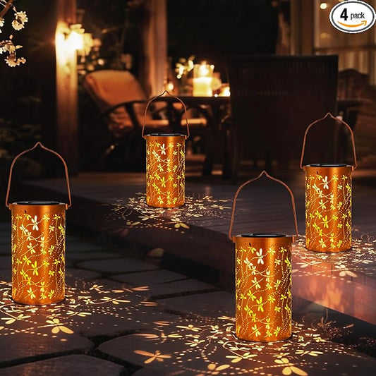 DIBIEECN Birthday Gifts for Women Mom Grandma Wife, Solar Lanterns Outdoor Waterproof, Metal Hanging Lights Garden Decor, LED Decorative Lantern for Patio Porch Backyard, Dragonfly, 4 Pack