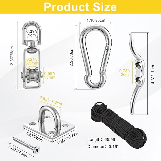 2 Sets M15 Cable Pulley System for Lifting Hanging, Including Heavy Duty Stainless Steel Single Pulley Block with 66FT Nylon Rope, Snap Hooks, Eye Pad Plate, Rope Cleat Hook, Loading 77lb