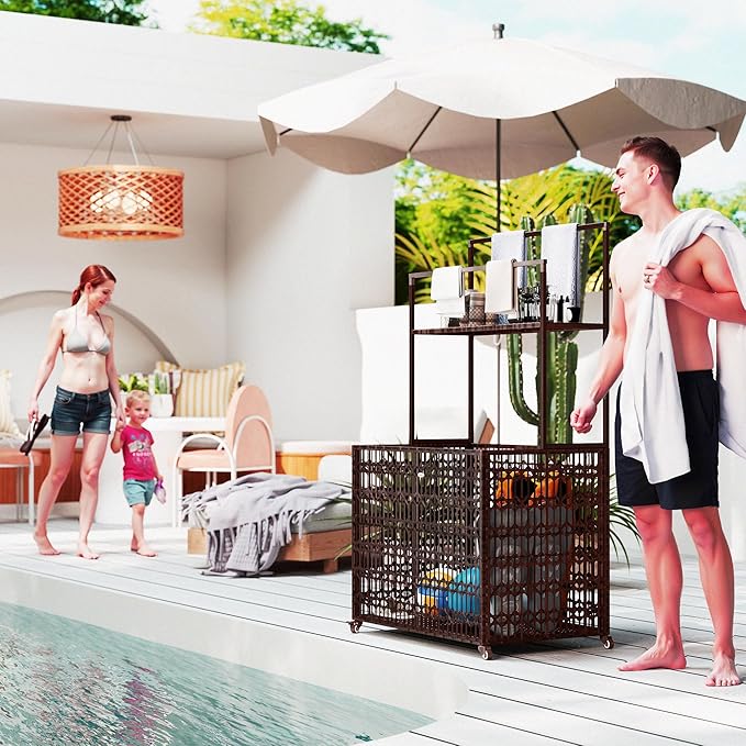 Outsunny Wicker Pool Float Storage Organizer, PE Rattan Pool Float Holder with Basket Shelf Towel Bars, Rolling Pool Caddy for Floaties, Noodles, Life Vests, Beach Balls, Mixed-Brown