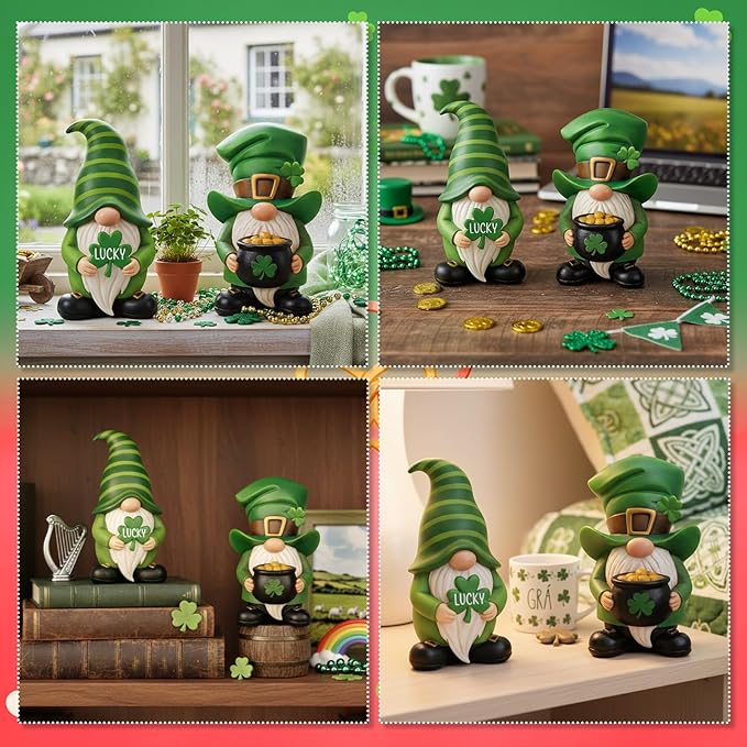 Simgoing 4 Pcs Holiday Gnomes Figurines 2 Valentines 2 St Patrick's Day Gnomes, Resin Love Heart Figurines Lucky Tabletop Decor Holiday Statues Centerpieces for Spring Home Table Tiered Tray