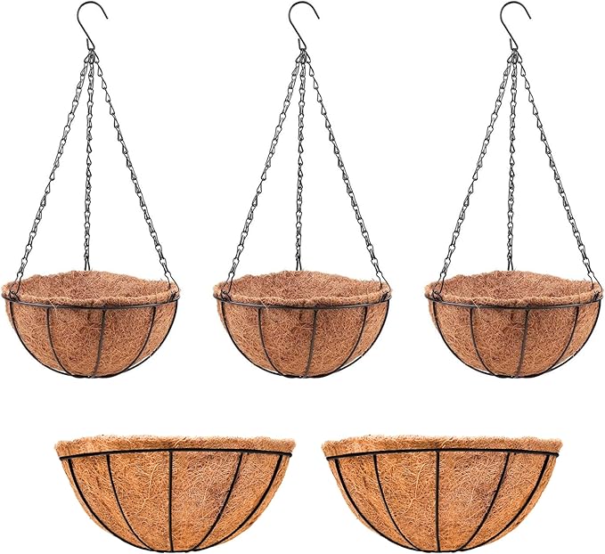 LaLaGreen Bundle - 2 Pack,14 Inch Large Hanging Basket + 3 Pack,10 Inch Half Round Black Metal Wire Basket with Coco Liner Rail Fence Deck Porch Balcony Plant Pot Hanger Hook Holder Decoration
