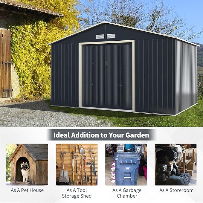 Goplus Storage Shed, Metal 11' X 8' Outdoor Building Organizer with 4 Vents & Double Sliding Door for Garden Backyard Farm (11'X8')