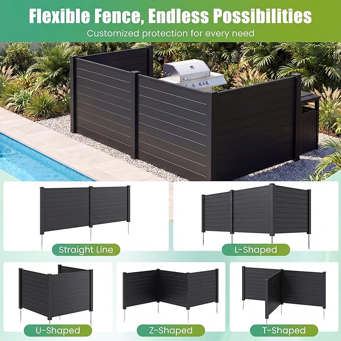HAPPYGRILL Air Conditioner Fence, 3 Panels Outdoor Privacy Screen with Metal Stakes, No Dig Pool Equipment Enclosure, 48" x 38" Trash Can Screen Fence Kit for Outside Backyard, Black