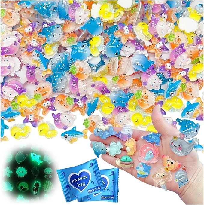 Mini Glow In The Dark Animal Resin Models, Resin Animals Mystery Bags, Individually Wrapped Blind Bags Tiny Animal Figurines, Collectible Mini Animals For Fairy Garden, DIY Crafts (100, Ocean)