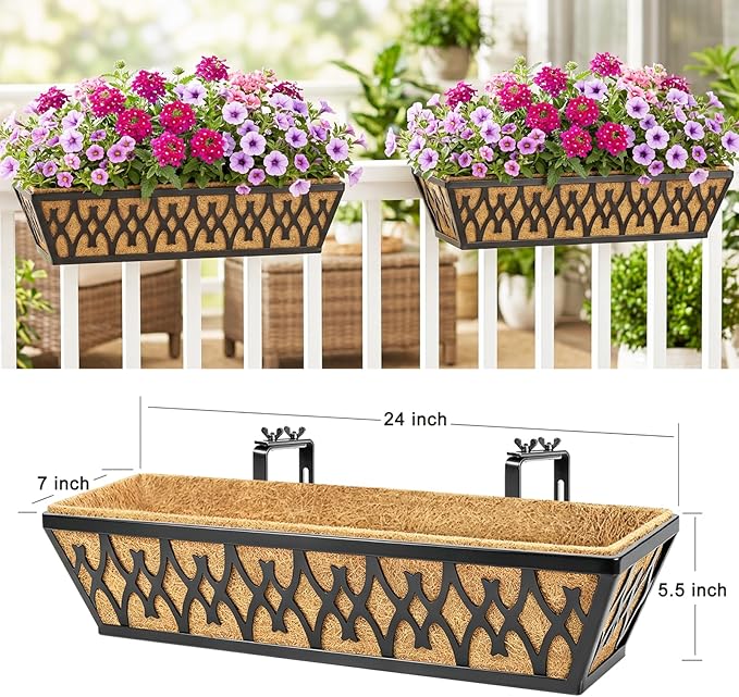 4 Pack 24 Inch Window Boxes Planters for Outdoor Plants Railing Planter Box with Adjustable Brackets for Windowsill Porch Fence Patio Hanging Flower Coco Baskets for Outside Decoration - Black