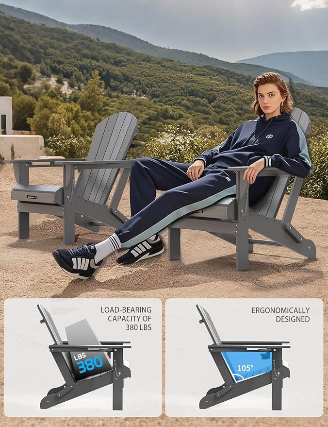 Plastic HDPE Adirondack Chair,Set of 4,Folding Adirondack Chair Weather Resistant with Cup Holder, Wooden Textured Fire Pit Outdoor Chair for Garden, Porch, Lawn, Backyard, Supports 380LBS, Grey