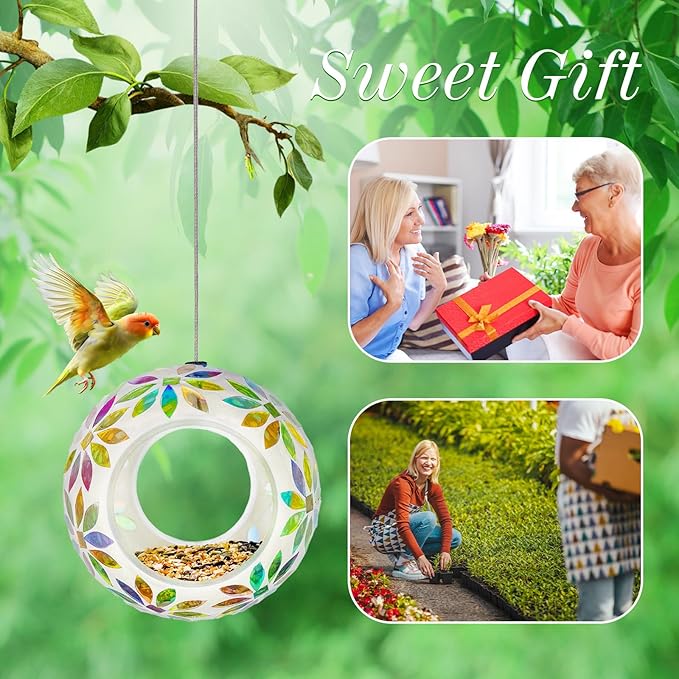 Hanging Bird Feeders for Outdoor Glass Mosaic Fly Through Wild Bird Feeder Round Shape Birdfeeder for Outside Garden Yard Patio Decoration Yellow