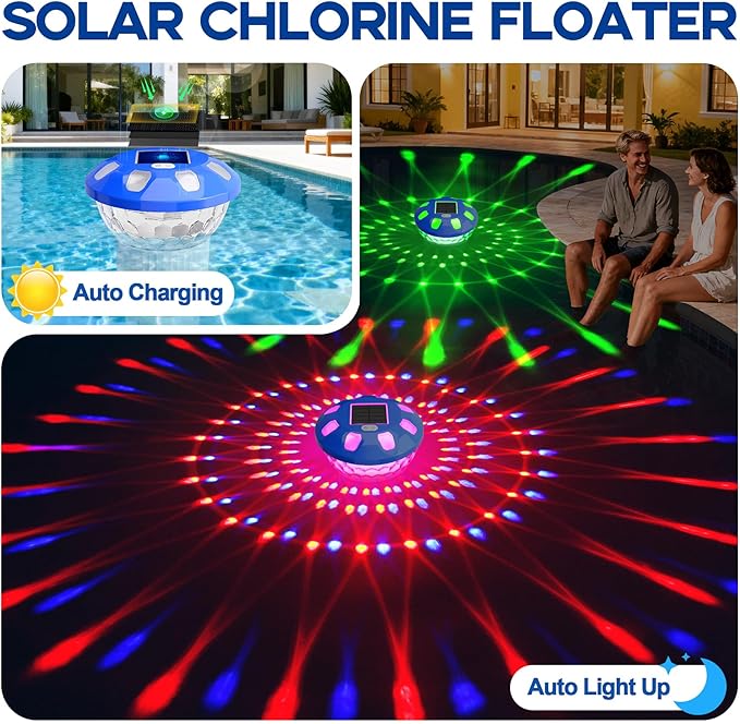 AquClor Chlorine Floater with Light,Pool Chlorine Floater with Adjustable Flow,Solar Chlorine Floater w/Large Capacity,Collapsible Floating Chlorine Dispenser for Pool,Hot Tub Chlorine Floater,White