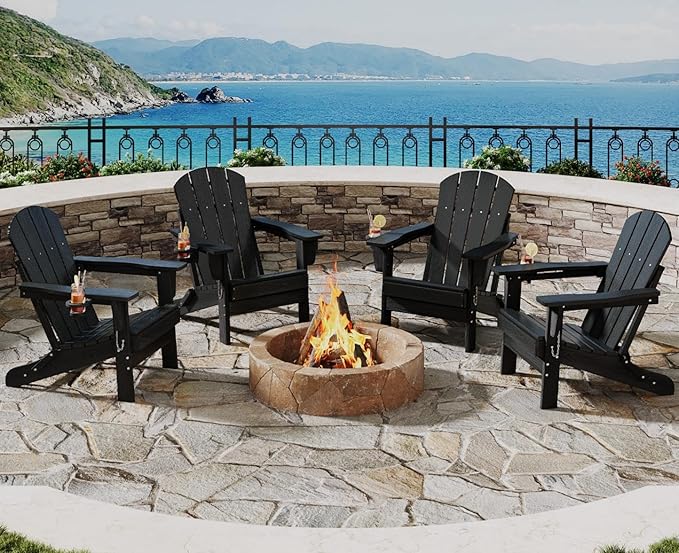 GarveeLife Folding Adirondack Chair Set of 4, All-Weather HDPE Outdoor Chair, Wooden Textured with Cup Holder for patios, Decks, Gardens, fire pits, Black