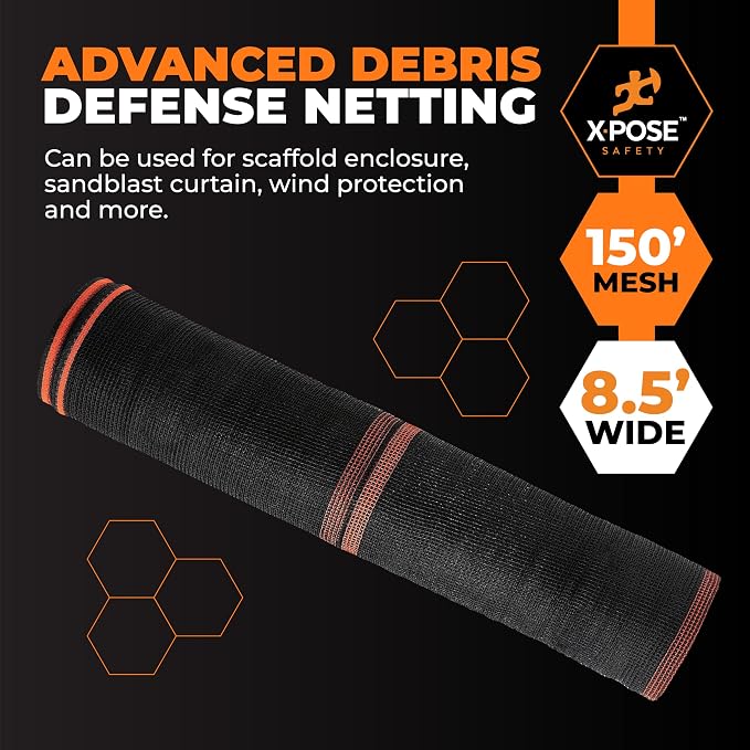Xpose Safety Construction Safety Netting – 8.5' x 150', 1/4" Mesh Scaffold Safety Net, Temporary Material Roll, Visibility Fence, Heavy-Duty Fire Retardant, Black