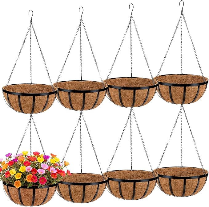 Didaey 8 Pcs Metal Hanging Basket with Coconut Coir Liner Hanging Flower Basket with Chain Indoor Outdoor Plant Flower Pot 14 Inch Round Wire Plant Holder for Garden, Patio, Deck, Porch Garden Decor