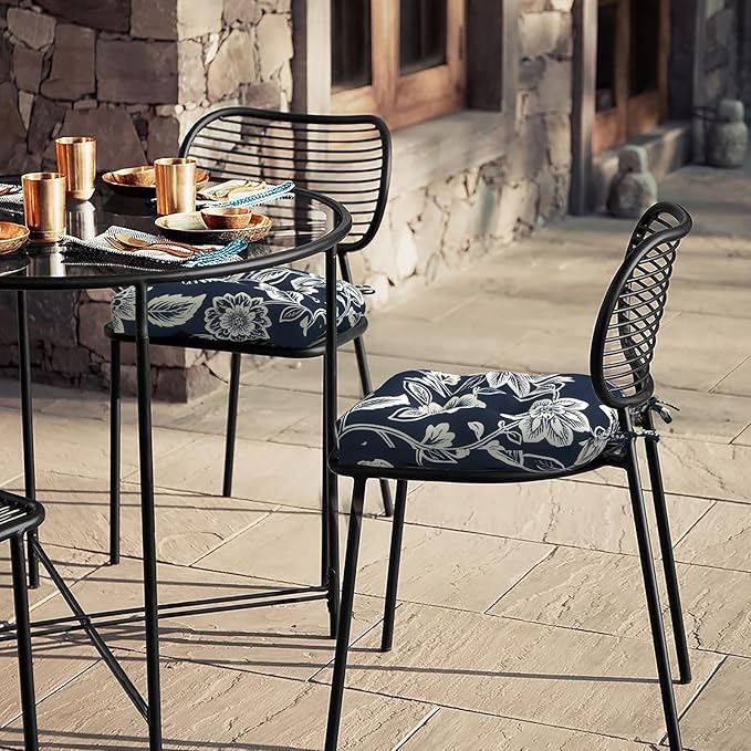 LVTXIII Outdoor U-Shaped Wicker Seat Cushion, Decorative Tufted Chair Pads Round Back Seat Cushion Set for Patio Garden Home Office Furniture, 19"x19"x4", 2 Pack, Elegant Vines Navy