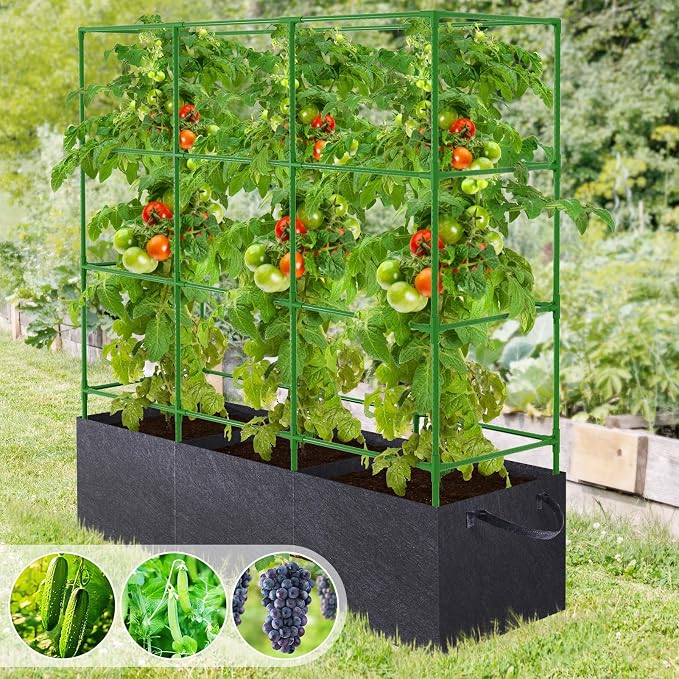 66x17x49 Inch Garden Tomato Cages with 46 Gallon Grow Bags, Square Plant Support Trellis Assembled with Planter Bags, Garden Cucumber Vegetables Frames for Vertical Climbing Plants
