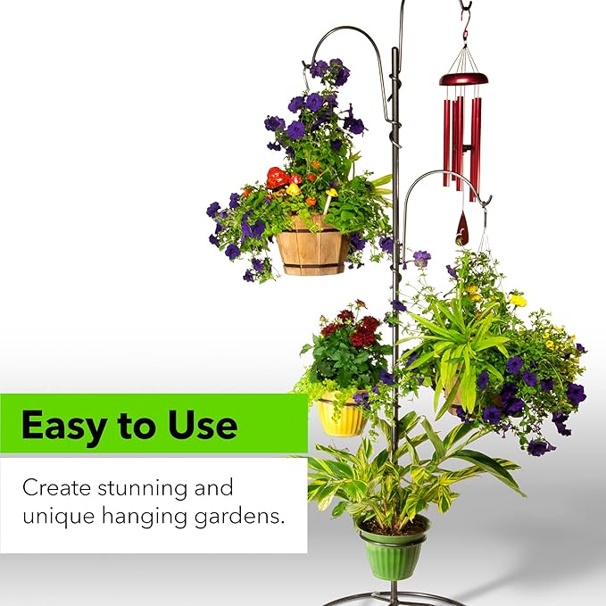 Yard Butler YT-5 Yard Tree Hanging Garden - Three Shepherd Hooks for Outdoor or Indoor Plant Hanging - Two Circular Holders for Plant Pots - Heavy Duty Anti-Tip Base and Steel Center Pole, Black, (IYT5)