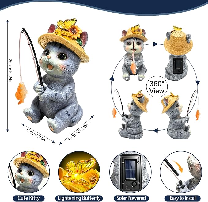 VOOKRY Solar Garden Cat Statues, Outdoor Fishing Cat with Solar Lights Waterproof, Birthday Gifts for Cat Lovers Mom Women Christmas, Garden Figurines for Yard Decor Patio Porch Lawn Ornaments