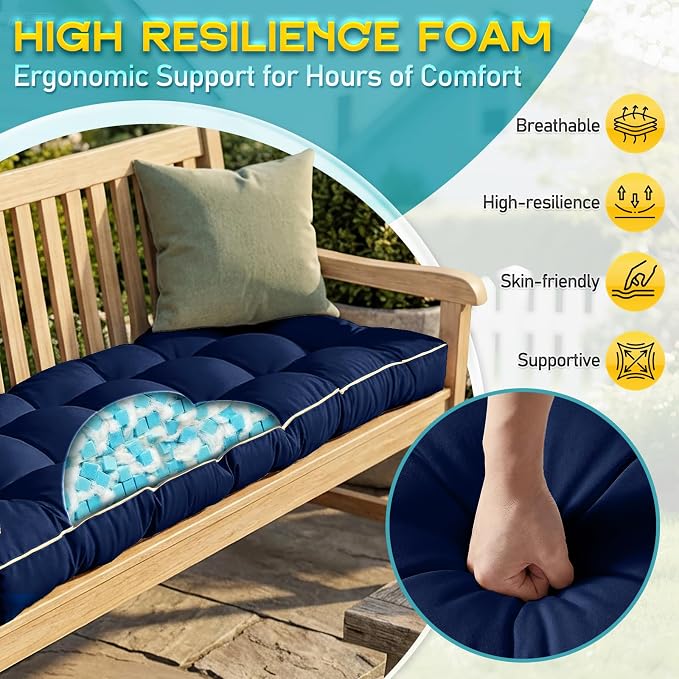 Outdoor Bench Cushion, Tufted Patio Seat Pad for Garden Bench, Porch Swing, Indoor/Outoor Furniture (Blue, 48X18X4 inch)