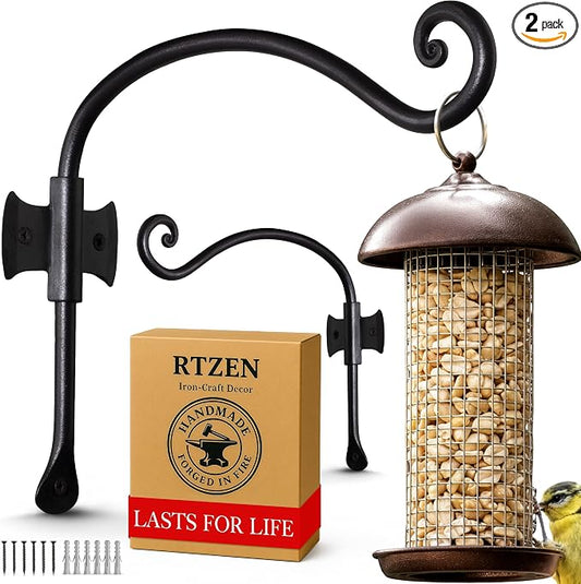 RTZEN Plant Hangers Outdoor or Indoor - Wrought Iron Metal Hanger Indoor Hook - Heavy Duty Wall Bracket Hooks for Hanging Plants Baskets Lanterns Bird Feeders - 2 Pack (Black Axe-Shape Hooks 10")