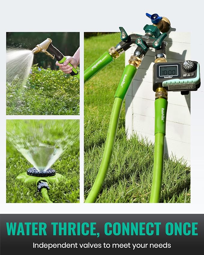 RAINPOINT 3 Way Hose Splitter, 100% Metal Heavy Duty Garden Hose Splitter With 1.9" Extra Long Handle & Individual Shut Off, 3/4 Inch GHT Thread Water Hose Connector For Spigot Faucet (Dark Green)