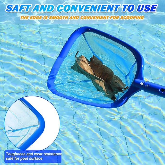 Pool Skimmer - Pool Net with 3 Section Pole, 48 inch Pool Skimmer Net with Pole Total Length, Pool Nets for Cleaning, Fine Mesh Net Pool Skimmer Net, Telescopic Aluminum Pole, Great Pool Accessories