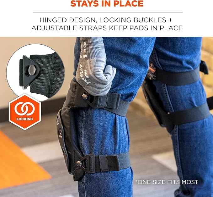 Ergodyne ProFlex 435 Gel Foam Knee Pads with Comfort Hinge Straps, Rubber Hard Cap, Buckle Closure