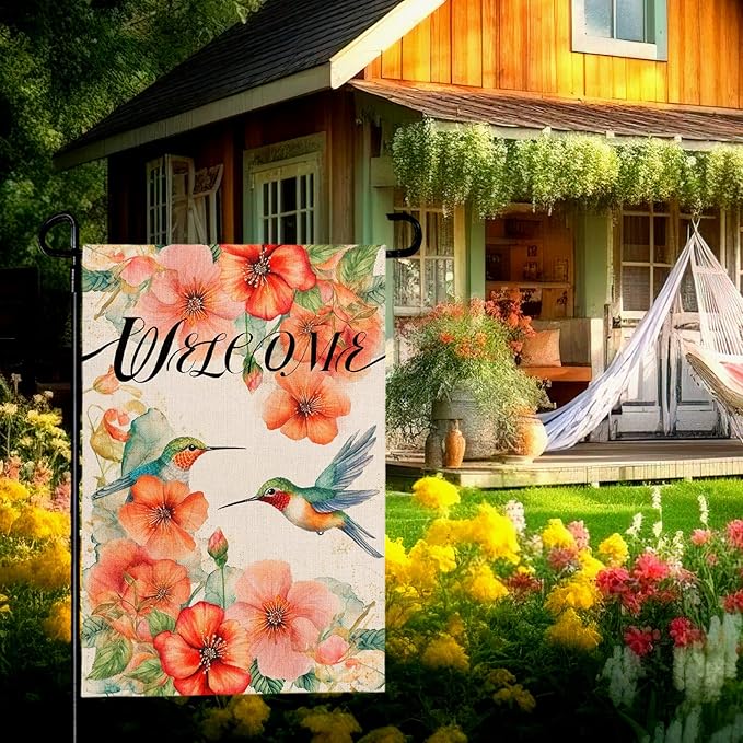 Hummingbird Garden Flag Summer Welcome Printing Garden Flag Watercolor Burlap Yard Flags for Outside Double Side Floral Spring Garden Flags Decor Standard Size 12×18 Inch