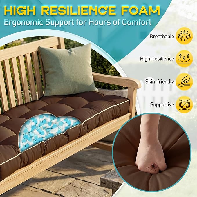Outdoor Bench Cushion, Tufted Patio Seat Pad for Garden Bench, Porch Swing, Indoor/Outoor Furniture (Coffee Brown, 60X18X5)