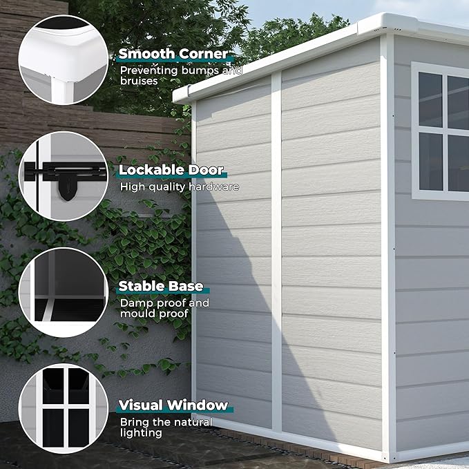 YOPTO 6x6 FT Storage Shed Garden House with Lockable Doors and Vents Waterproof Resin Outdoor Tool Cabinet W/Floor & Window,for Bicycles,Lawnmowers,Lawn,All Weather Use,Gray