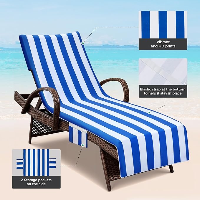 Lounge Chair Towel Covers, 2 Pack Outdoor Chaise Lounge Slipcover, 83" X 29" Stripe Microfiber Beach Chair Cover, Soft Absorbent Chaise Cover with Pockets for Pool Garden Patio, Navy Blue