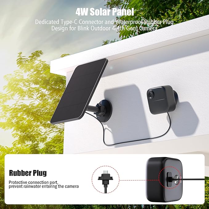 Solar Panel for Blink Camera, 4W Solar Panel Charger Compatible with New Blink Outdoor 2K+/4(4th Gen), USB-C Port, IP65 Waterproof Rubber Plug, 13.1ft Cable, Adjustable Mount(Camera Not Included)