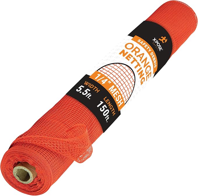 Xpose Safety Construction Safety Netting – 5.5' x 150', 1/4" Mesh Scaffold Safety Net, Temporary Material Roll, Visibility Fence, Heavy-Duty Fire Retardant, Orange