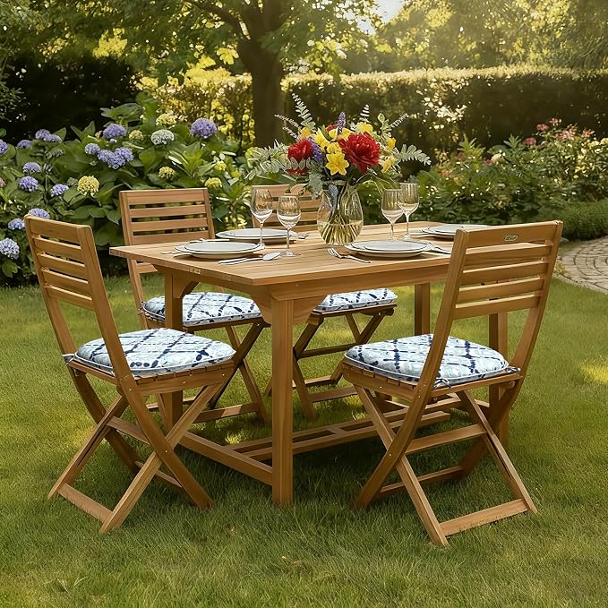 DYTXIII Set of 4 Outdoor Chair Cushions with Ties,Water Repellent Patio Chair Pads 17"x 16" for Outdoor Furniture,Round Corner Seat Cushions for Garden Yard Kitchen Boho Geometry Blue
