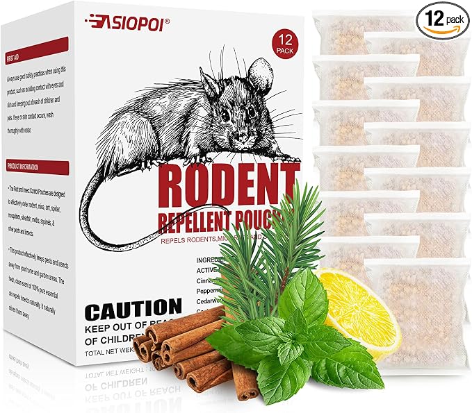 Mouse Rodent Repellent Pounches, 12 Pack Peppermint Oil Mice Repellent, Natural Mouse Deterrent for Kitchen, Warehouse, Car, Indoor, Outdoor Safe for Pets & Family
