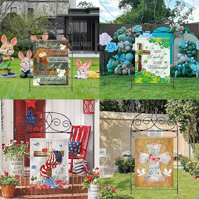 Christian Seasonal Garden Flags Set of 12 Double Sided 28 x 40 Inch Cross Yard Flags, Large Flags for Outside, Fall Winter Easter Christmas Outdoor Flags, Holiday House Flags for All Seasons