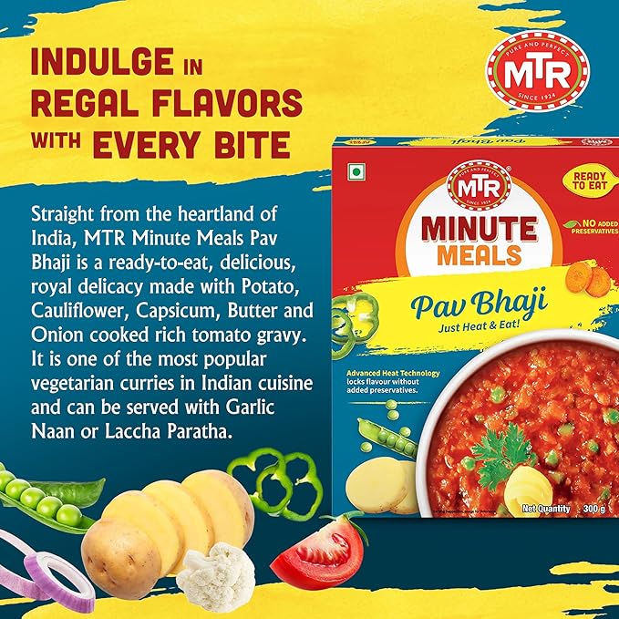 MTR - Pav Bhaji - Spiced Vegetable Gravy - Authentic Indian Ready-to-Eat Meal - Plant-Based, Delicious Microwaveable Meal - Quick & Easy Nutritious Indian Food - Suitable for Vegetarians (Pack of 6)