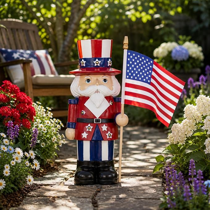 Nacome Solar Nutcracker Soldier Garden Statue: American Flag Figurine for Patriotic Outdoor Lawn Porch Patio Yard Decorations - Gifts for Mom Grandma Women