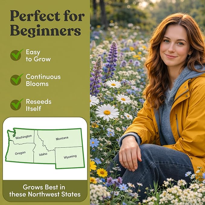 Geva Grow Northwest Wildflower Seeds Regional Mix - Organic, Non-GMO - 100% Pure Seed - 20 Different Wildflowers Seeds of Annual and Perennial, 1 LB Tub