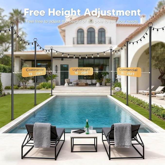 6 Pack String Light Poles for Outside, 10Ft Light Poles for Outdoor String Lights, Adjustable Outdoor String Light Poles with Fork,Metal Fence Post for Patio,Backyard,Deck
