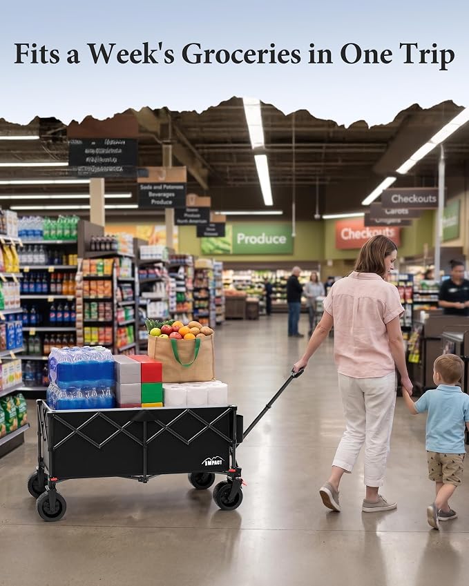 47" Collapsible Wagon Cart Foldable 300L Capacity Compact Folded Size | 330 lbs Heavy Duty Utility Wagon, Removable Fabric & Wheels, Cup Holders, For Shopping Camping Sports Moving