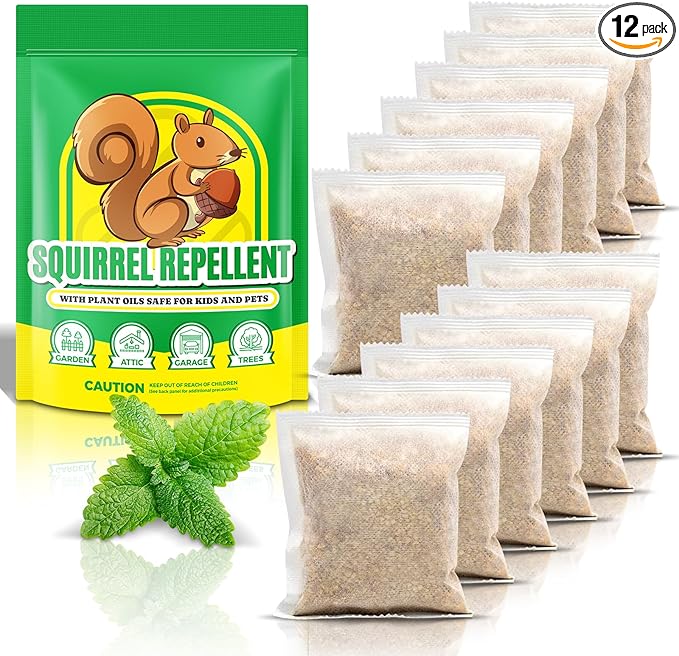Squirrel Repellent Outdoor 12 Packs, Chipmunk Repellent Outdoor for Bird Feeders, Natural Squirrel Deterrent Keep Squirrels Out of Garden Yard, Squirrel Repellent for Attic Cars Engines Roof