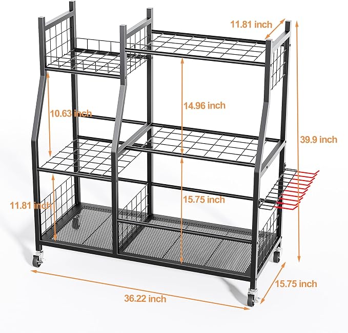 Garden Tool Organizer with Wheels for Garage, Freestanding Garage Tool Organizer, Yard Tool Holder, Garden Tool Cart for Long Handled Tools,Rakes, Brooms, Yard Storage Rack for Shed, Indoor, Outdoor