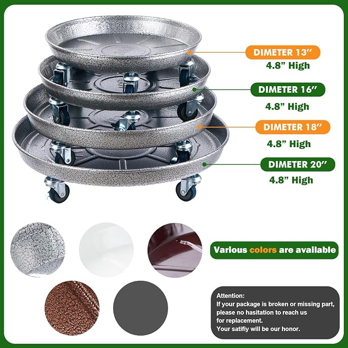 3 Packs Metal Plant Caddy with Wheels 16 inches Rolling Plant Stand Heavy Duty Plant Dolly with Casters for Indoor and Outdoor Large Planter Casters Potted Plant Mover, Silver-black