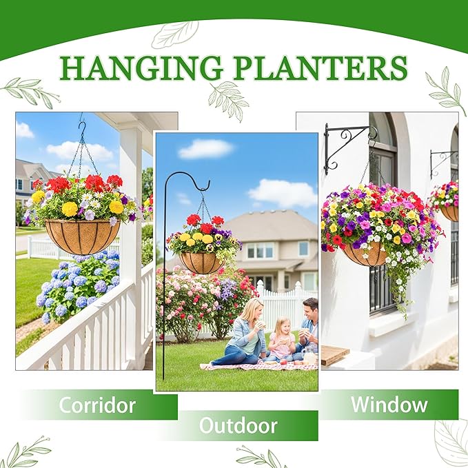Hanging Planters for Outdoor Plants 4 Pack 12 inch Metal Hanging Flower Basket with Coco Coir Liner Wire Plant Holder Watering Flower Baskets Pot Hanger Garden Decoration for Indoor Outdoor(XGL)