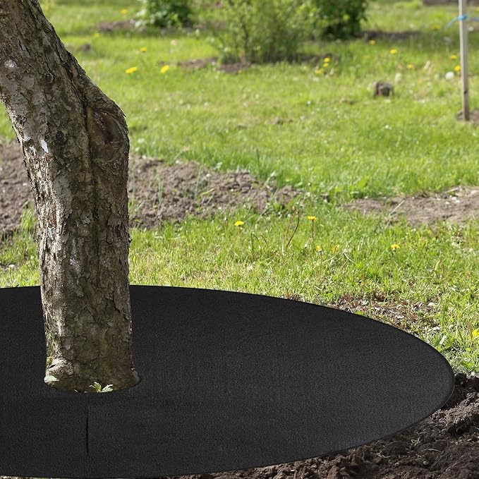 Whaline 32.2 Inch Non-Woven Tree Mulch Ring Thickened Tree Protector Mat with 12 Staples Stakes Reusable Anti Grass Fabric Weed Barrier for Garden Landscape Weed Control Root Protection, 8 Pcs