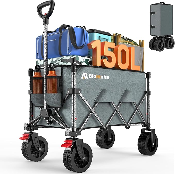 Blomoba Collapsible Wagon Cart, 150L Heavy Duty Foldable Beach Wagon with Wider Wheels & Auto-Rebound Handle, Utility Grocery Shopping Cart for Garden, Shopping, Camping, Sports, Gray