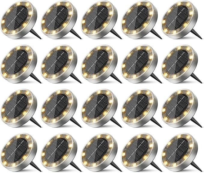 20 Pack Solar Ground Lights Outdoor, 8 LED Mini Flat Solar Disk Lights, IP65 Waterproof Anti-Rust Disc Light, Landscape Lighting for Garden Pathway Yard Walkway Driveway Lawn,Warm White