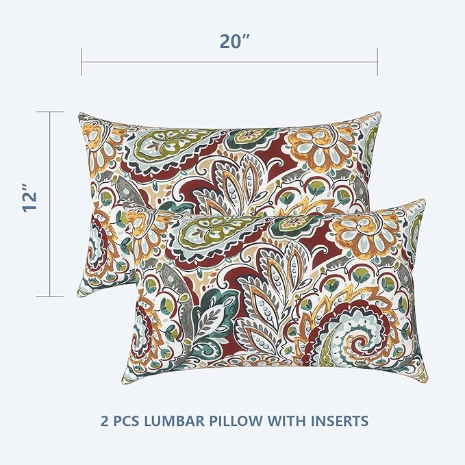 LVTXIII Outdoor/Indoor Lumbar Pillows, Decorative Patio Lumbar Cushions, Fluffy Fade Resistant Throw Pillow Cushions for Home Patio Coach Sofa, 12×20 Inch, Pack of 2, Paisley Chilli