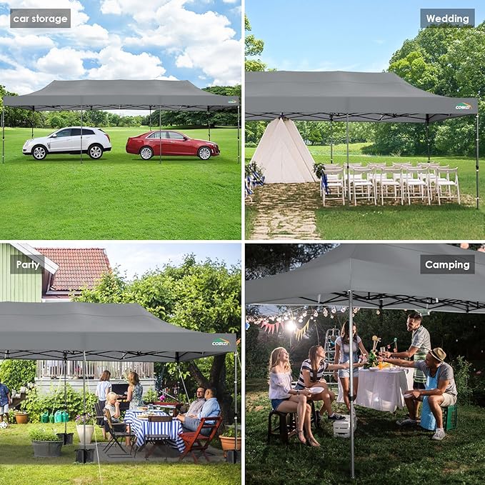 COBIZI 10x30 Pop up Carport, Heavy Duty Without Sidewalls, Easy Set-up Commercial Outdoor Party Canopy, 100% Waterproof Wedding Canopy Gazebo, 3 Height Adjustable with Wheeled Bag, Gray
