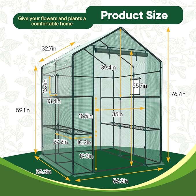 OLIXIS Outdoor Greenhouse, Walk-in Greenhouse with 2 Tier 8 Plant Shelves, Durable PVC Cover, 56"×56"×77" Portable Greenhouses for Outdoor Garden, Patio, Porch, Backyard Green Houses, Green