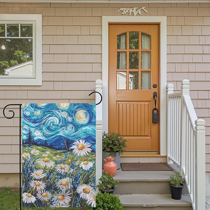 Spring Daisy Garden Flag Starry Night Van Gogh Style Yard Flags Vibrant Floral Meadow Landscape Seasonal Welcome House Banners for Summer Patio Lawn Porch Farmhouse Outdoor Decor 12x18 Inch